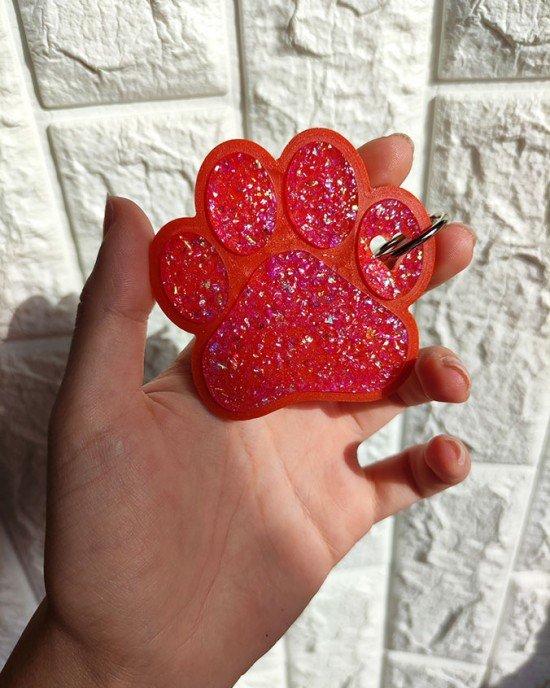 Χειροποίητο πατουσάκι μπρελόκ απο υγρό γυαλί - πορτοκαλί - ροζ γκλίτερ