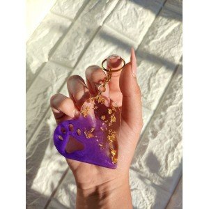 Χειροποίητο μπρελόκ καρδιά - ΜΩΒ & ΦΥΛΛΑ ΧΡΥΣΟΥ - υγρό γυαλί