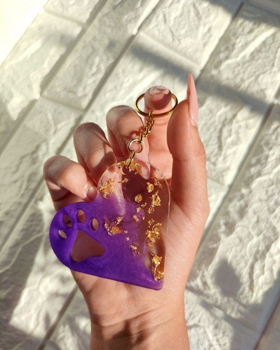 Χειροποίητο μπρελόκ καρδιά - ΜΩΒ & ΦΥΛΛΑ ΧΡΥΣΟΥ - υγρό γυαλί