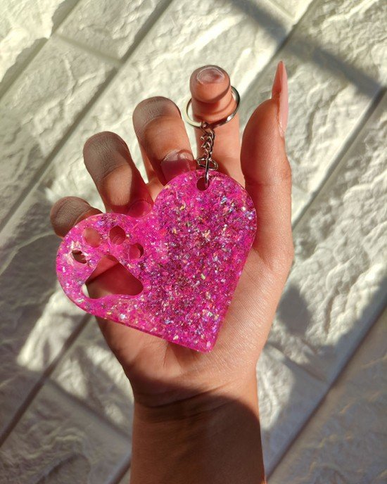 Χειροποίητο μπρελοκ καρδιά - ροζ γκλίτερ- υγρό γυαλί
