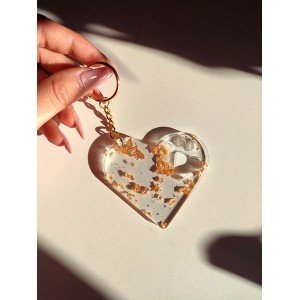 Μπρελόκ καρδιά - ΔΙΑΦΑΝΟ & ΦΥΛΛΑ ΧΡΥΣΟΥ - Υγρό γυαλί
