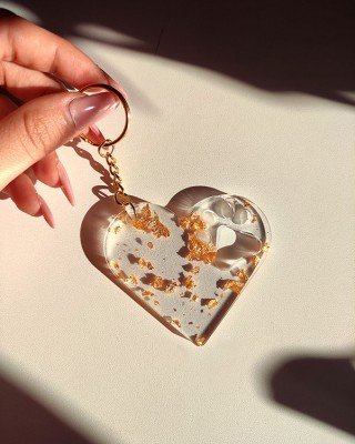 Μπρελόκ καρδιά - ΔΙΑΦΑΝΟ & ΦΥΛΛΑ ΧΡΥΣΟΥ - Υγρό γυαλί
