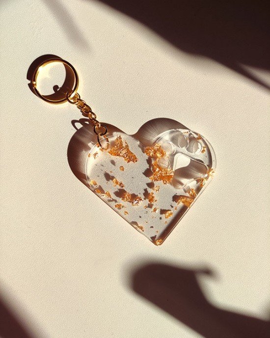 Μπρελόκ καρδιά - ΔΙΑΦΑΝΟ & ΦΥΛΛΑ ΧΡΥΣΟΥ - Υγρό γυαλί