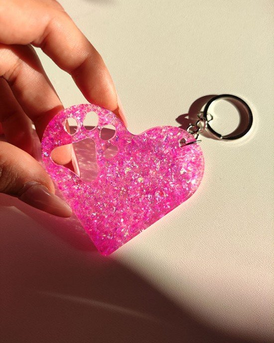 Χειροποίητο μπρελοκ καρδιά - ροζ γκλίτερ- υγρό γυαλί