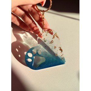 Χειροποίητο μπρελόκ καρδιά - ΜΠΛΕ & ΦΥΛΛΑ ΧΡΥΣΟΎ - υγρό γυαλί