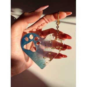 Χειροποίητο μπρελόκ καρδιά - ΜΠΛΕ & ΦΥΛΛΑ ΧΡΥΣΟΎ - υγρό γυαλί