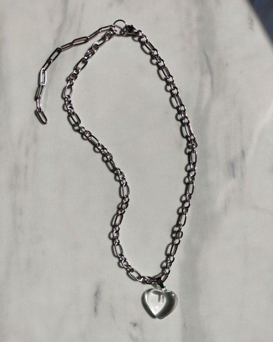 Χειροποίητο Κολιέ -CRYSTAL HEART- ανοξείδωτο ατσάλι & διάφανος χαλαζίας