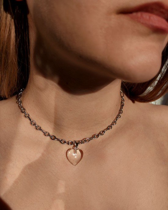 Χειροποίητο Κολιέ -CRYSTAL HEART- ανοξείδωτο ατσάλι & διάφανος χαλαζίας