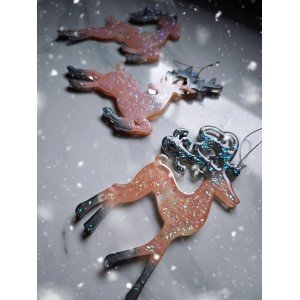 Σετ 3 χριστουγεννιάτικα στολίδια - Ροζ ταρανδάκια με glitter  - Ρητίνη