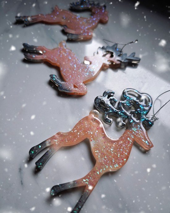 Σετ 3 χριστουγεννιάτικα στολίδια - Ροζ ταρανδάκια με glitter  - Ρητίνη