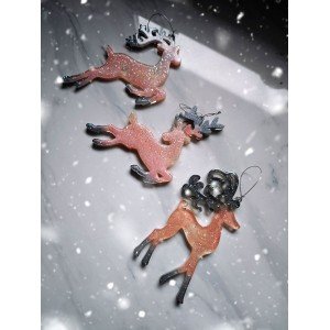 Σετ 3 χριστουγεννιάτικα στολίδια - Ροζ ταρανδάκια με glitter  - Ρητίνη